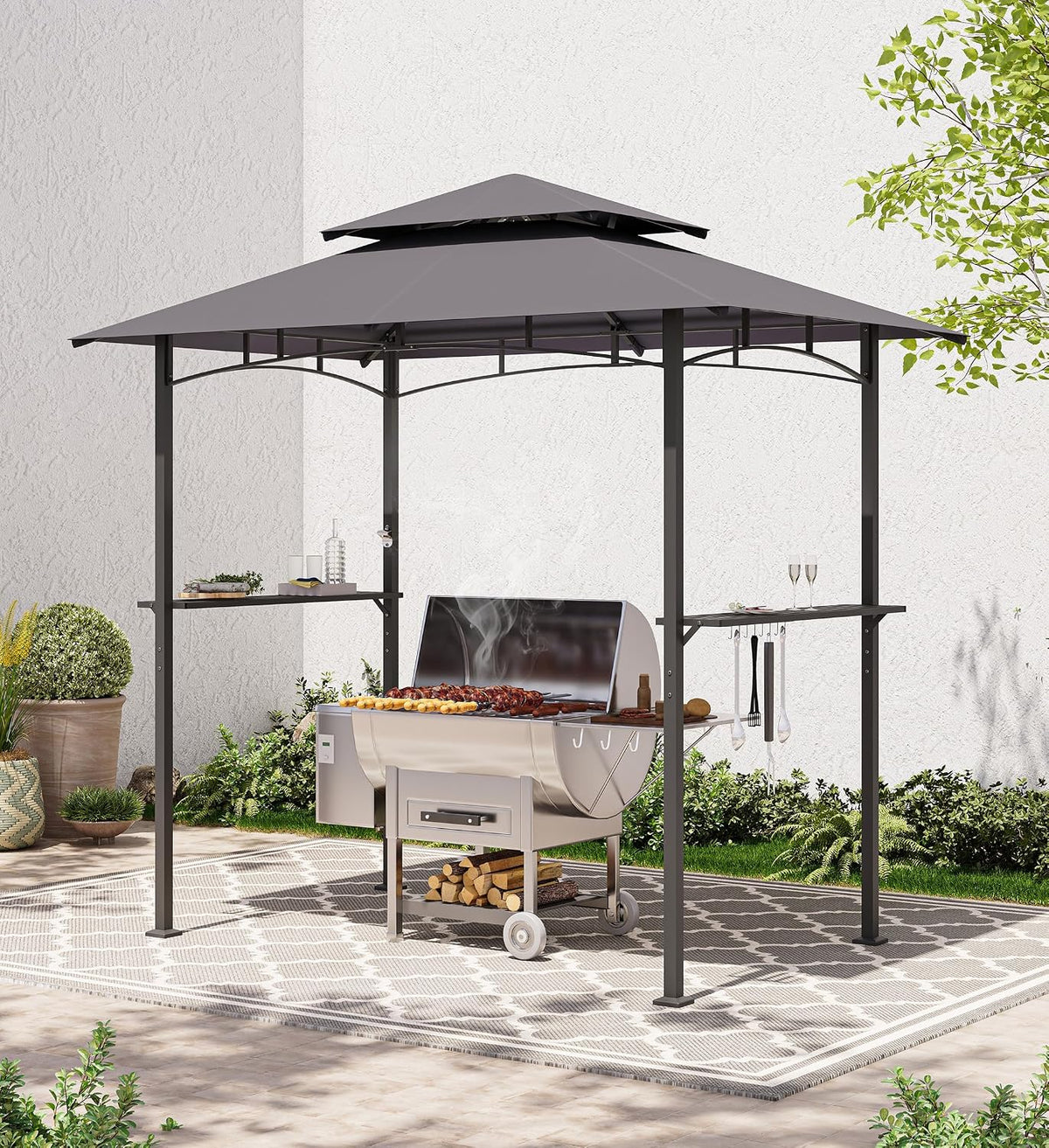 LAUSAINT HOME 5x8 FT Outdoor Grill Gazebo Canopy, BBQ Gazebo with 2-Tier Vented Top, 2 Durable Shelves &amp; Metal Frame Grill ShelterDark Gray