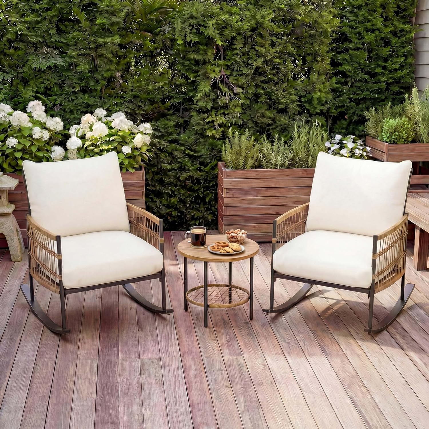 LAUSAINT HOME 3-Piece Patio Rocking Chairs Set, Outdoor PE Wicker Patio Furniture with Thick Cushions