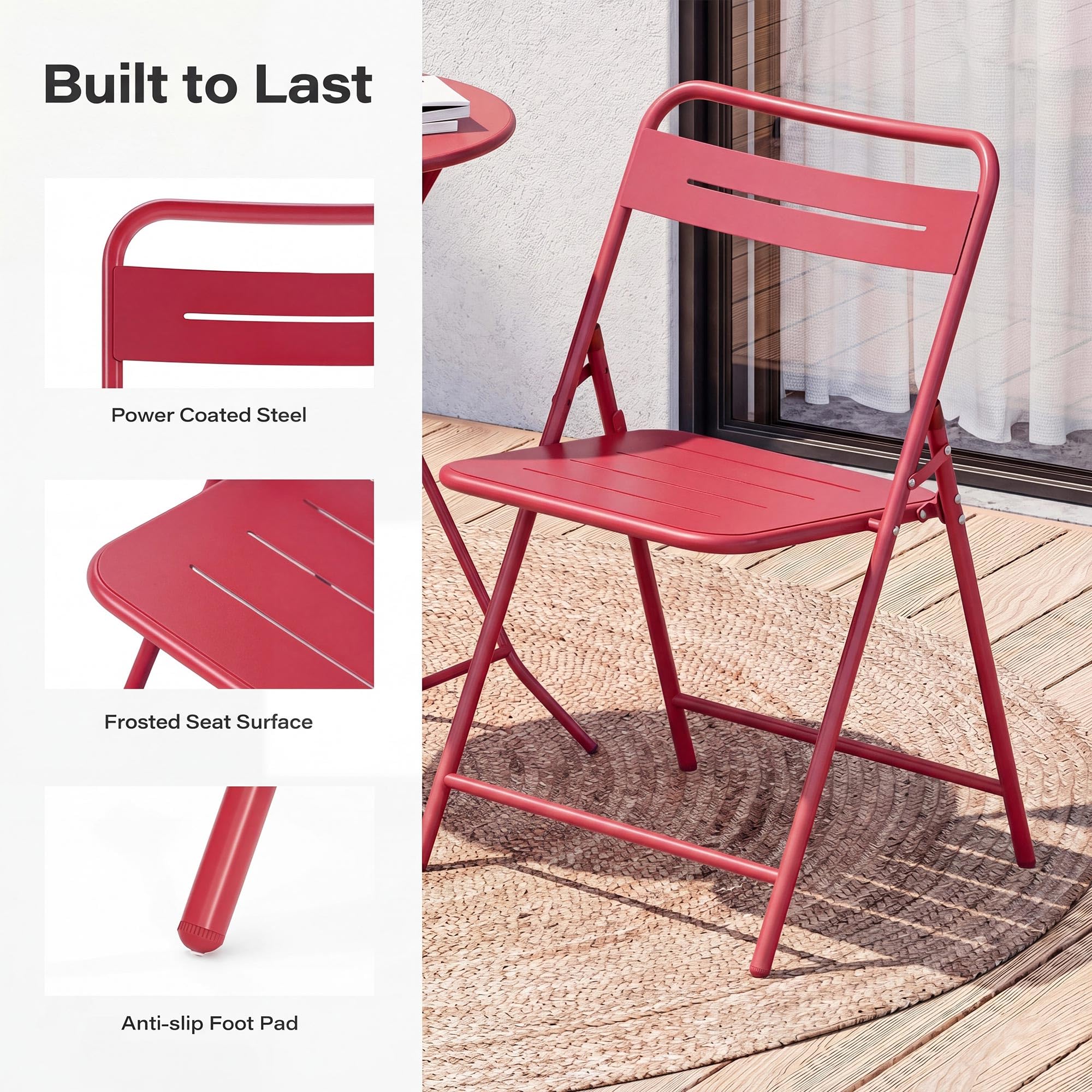LAUSAINT HOME 3-Piece Steel Folding Bistro Set, Premium Weather-Resistant Patio Table &amp; 2 Chairs
