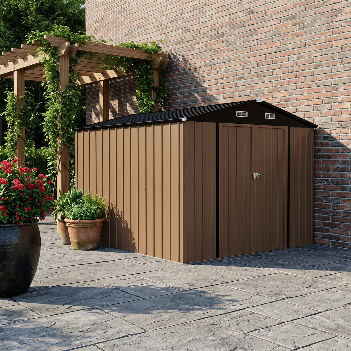 LAUSAINT HOME 10 x 3 FT 2-in-1 Metal Outdoor Storage Shed with Hardtop Gazebo, Lockable Galvanized Steel Lean-to Tool Shed with Sloped Roof, Black