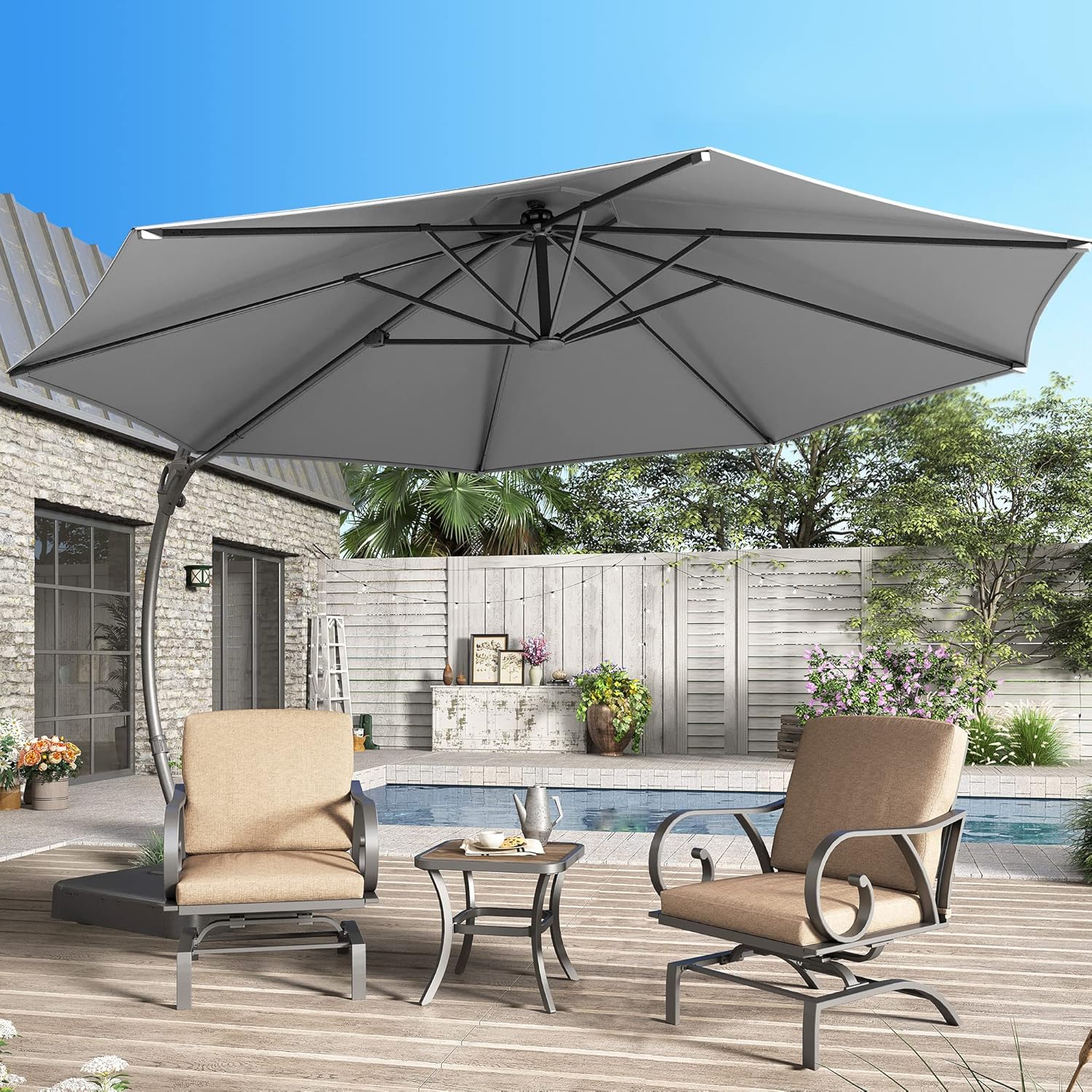 LAUSAINT HOME Outdoor Patio Umbrella with Base Included, Large Sun Shade Cantilever Umbrella Deluxe Curvy