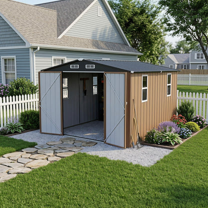 LAUSAINT HOME 10 x 3 FT 2-in-1 Metal Outdoor Storage Shed with Hardtop Gazebo, Lockable Galvanized Steel Lean-to Tool Shed with Sloped Roof, Black