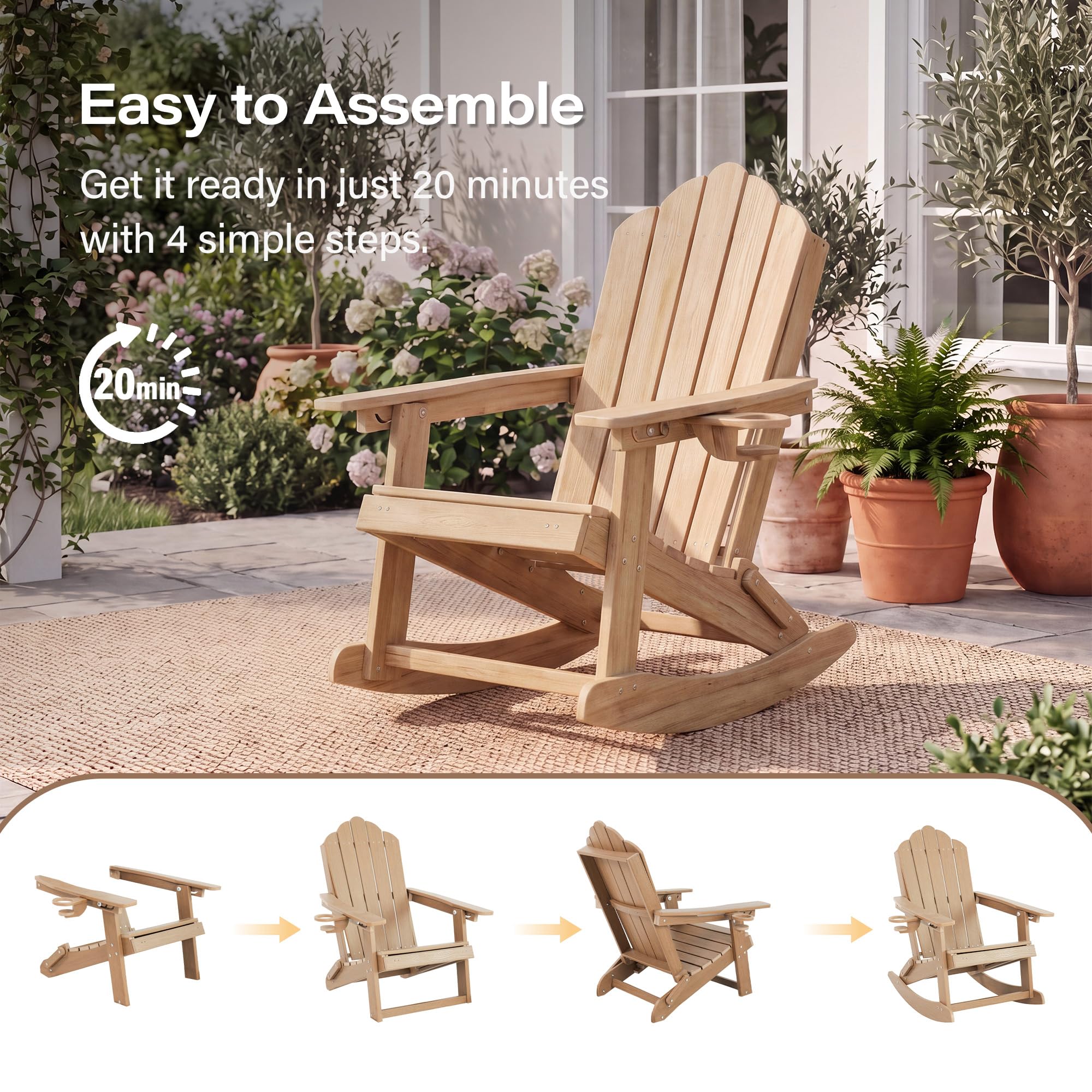 LAUSAINT HOME Folding Adirondack Rocking Chairs Set with Retractable Ottomans, 3-Position Adjustable Backrests and Cup Holders