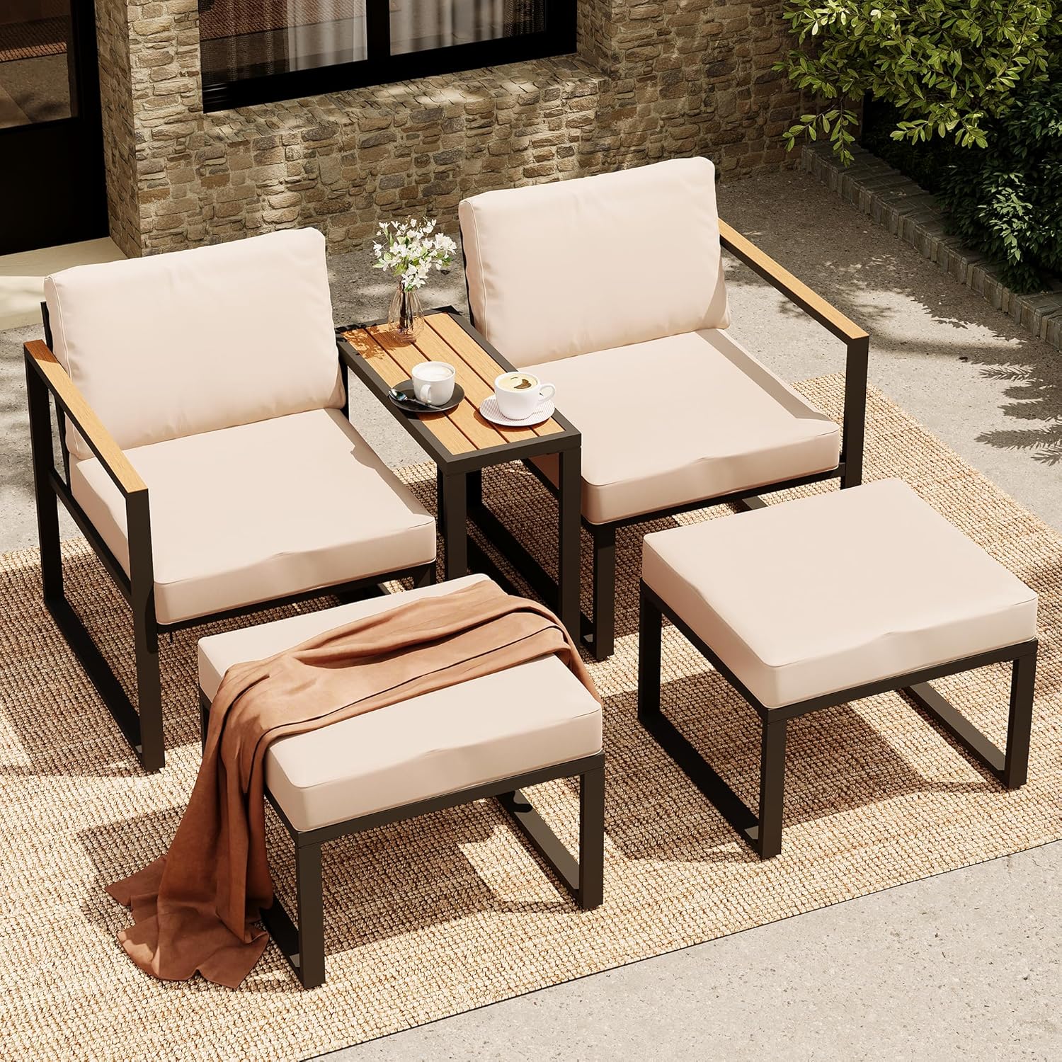 LAUSAINT HOME 5 Pieces Outdoor Conversation Set with Thick Cushions 2 Ottomans&amp;Side Table