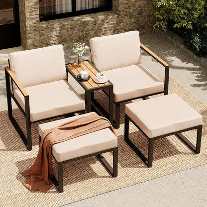 LAUSAINT HOME 5 Pieces Outdoor Conversation Set with Thick Cushions 2 Ottomans&amp;Side Table