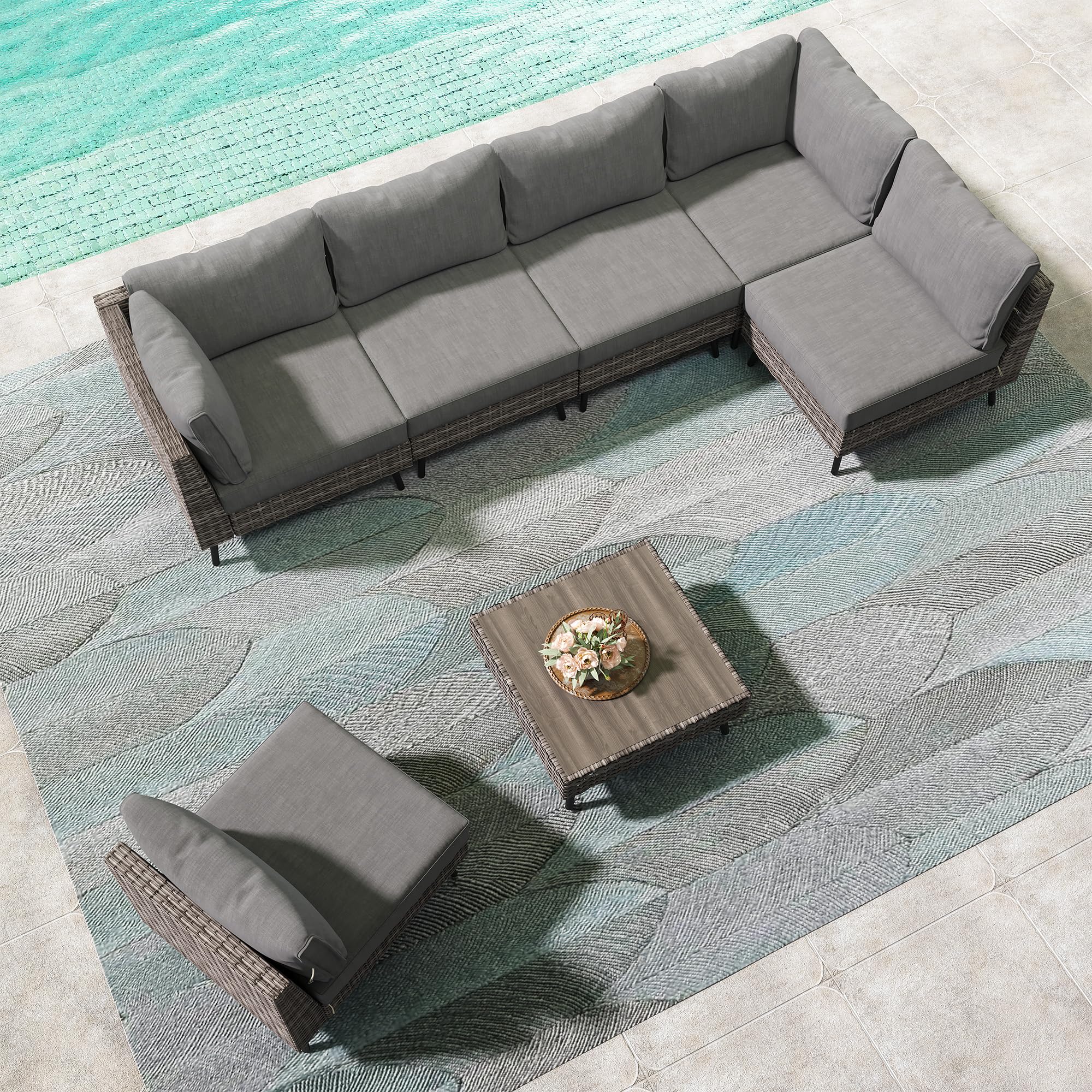 LAUSAINT HOME Outdoor Patio Furniture, 6 Piece Outdoor Sectional Sofa PE Rattan Wicker Patio Conversation Sets, All Weather Patio Furniture Set with Thick Cushions for Garden, Backyard(Beige)