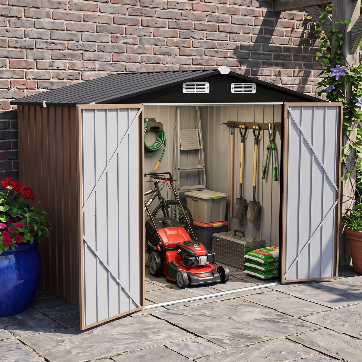 LAUSAINT HOME 8 x 6 FT Outdoor Storage Shed with Window, Galvanized Steel Storage Shed, Double Lockable Doors, Gable Roof &amp; Air Vent for Backyard, Brown