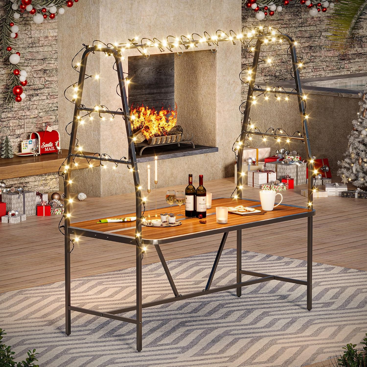 LAUSAINT HOME A-Frame Outdoor Dining Table with 4 Hooks for Hanging Plants, Lights, décors