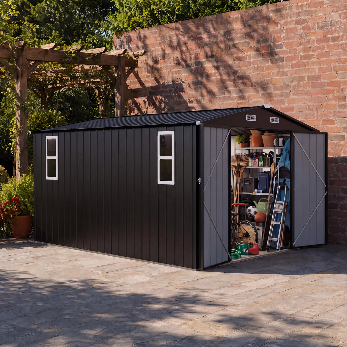 LAUSAINT HOME 8 x 6 FT Outdoor Storage Shed with Window, Galvanized Steel Storage Shed, Double Lockable Doors, Gable Roof &amp; Air Vent for Backyard, Brown