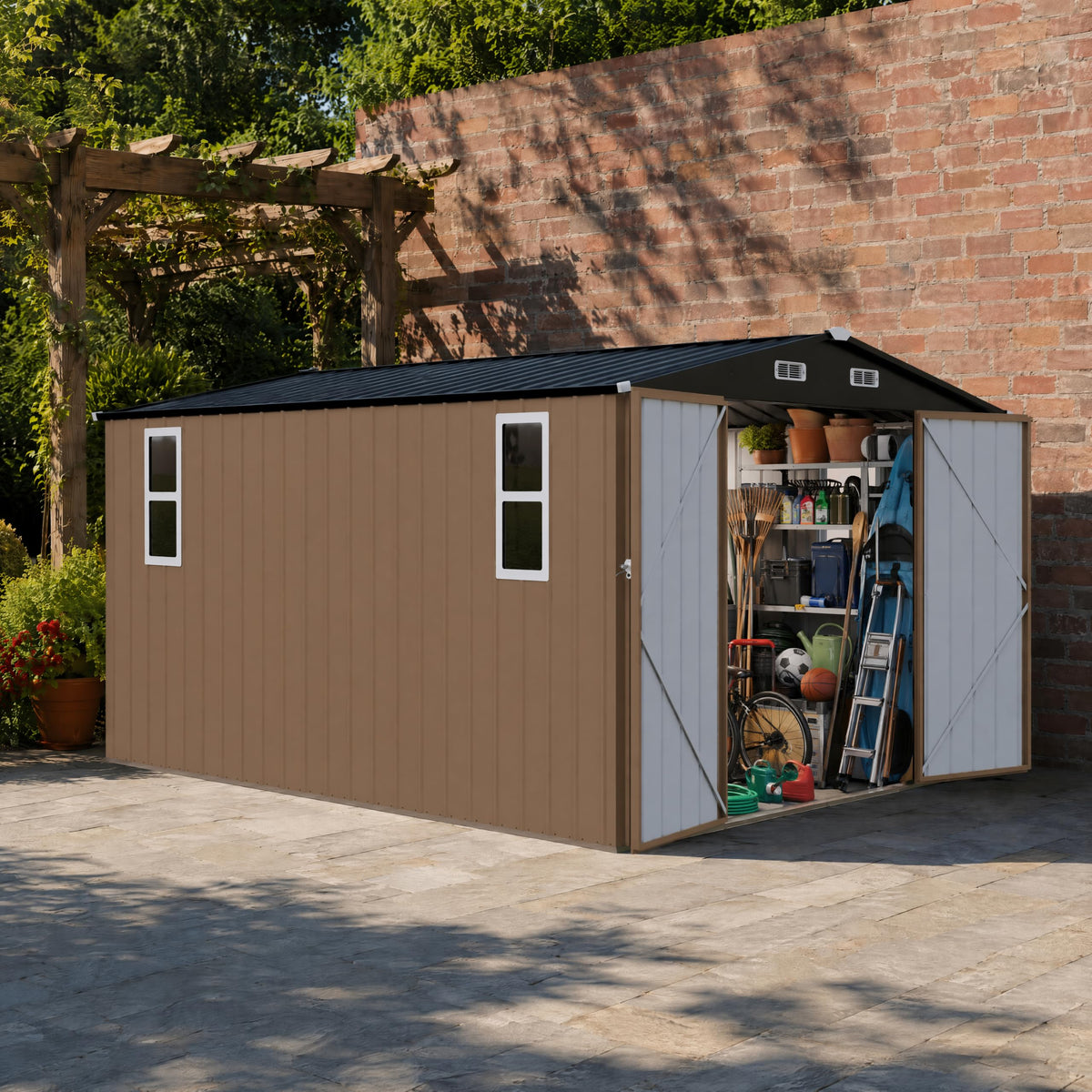 LAUSAINT HOME 8 x 6 FT Outdoor Storage Shed with Window, Galvanized Steel Storage Shed, Double Lockable Doors, Gable Roof &amp; Air Vent for Backyard, Brown