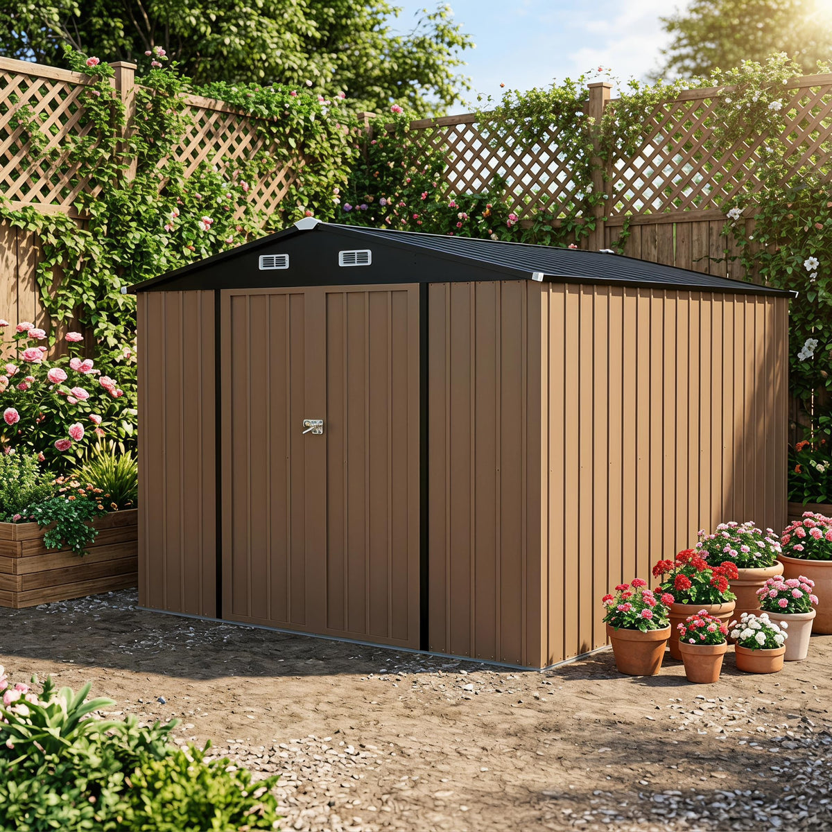 LAUSAINT HOME 10 x 3 FT 2-in-1 Metal Outdoor Storage Shed with Hardtop Gazebo, Lockable Galvanized Steel Lean-to Tool Shed with Sloped Roof, Black