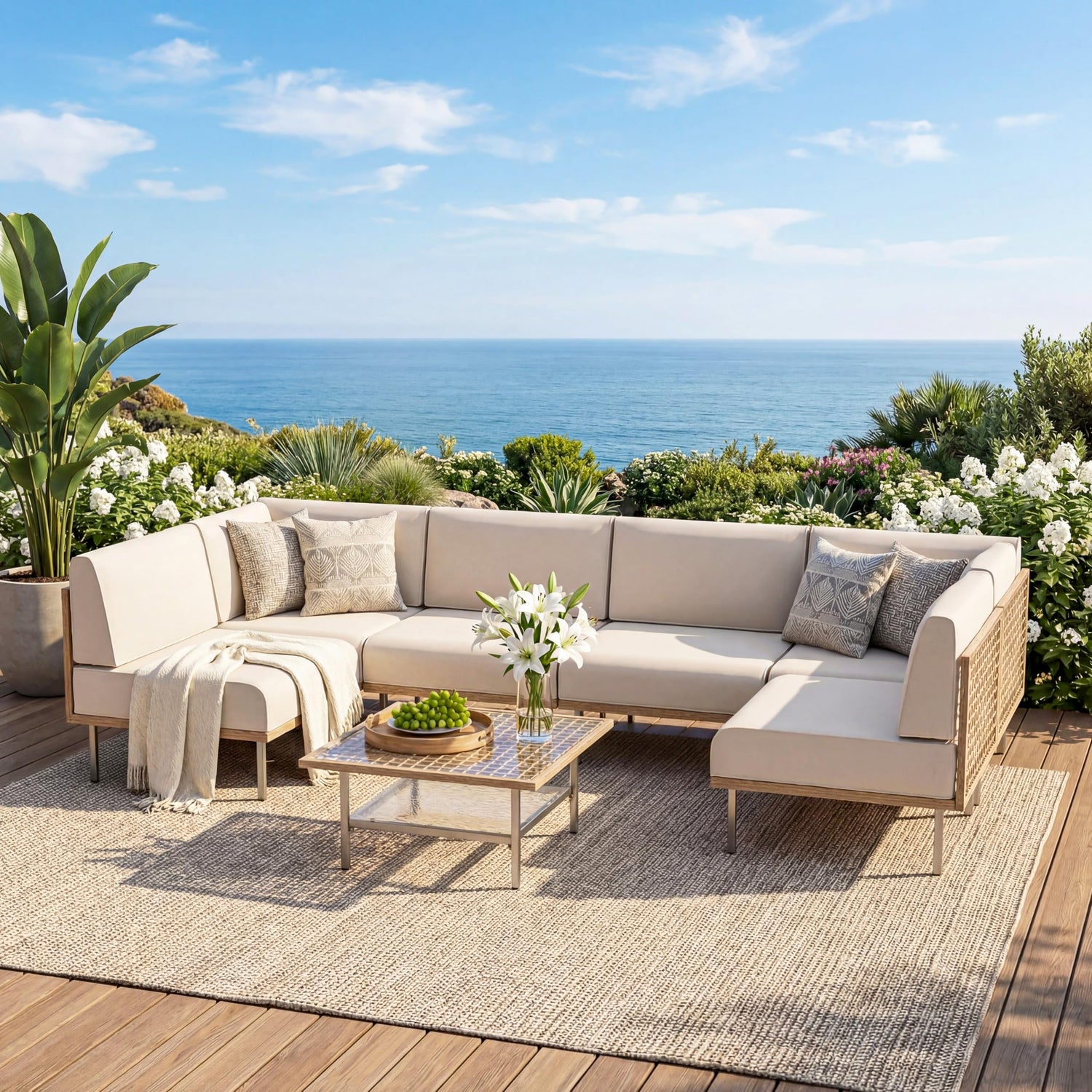 LAUSAINT HOME 7-Piece Outdoor Patio Furniture Set, Wicker Outdoor Conversation Set PE Rattan Sectional Sofa with Washable Cushions and Tempered Glass Table for Garden (Grey)