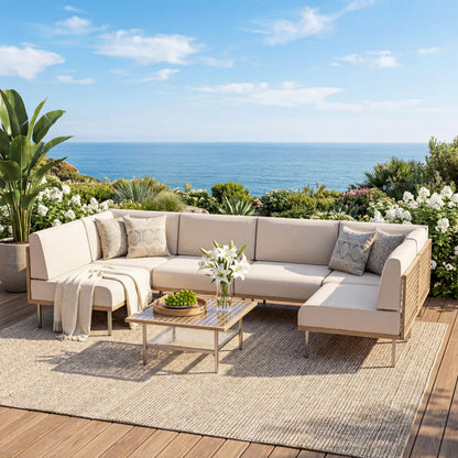 LAUSAINT HOME 7-Piece Outdoor Patio Furniture Set, Wicker Outdoor Conversation Set PE Rattan Sectional Sofa with Washable Cushions and Tempered Glass Table for Garden (Grey)
