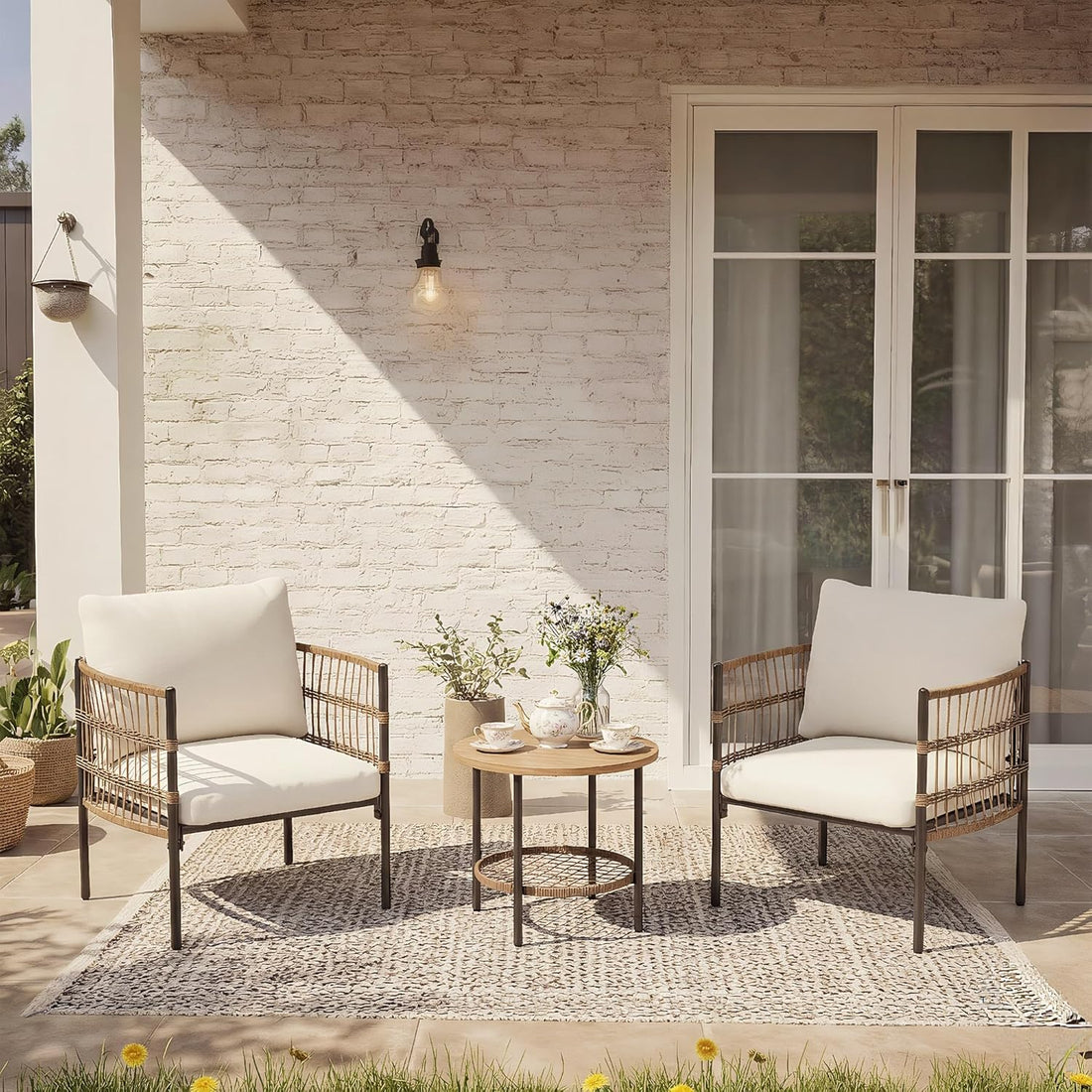 LAUSAINT HOME Patio Bistro Set, All-Weather Wicker Patio Furniture Set with Thick Cushions