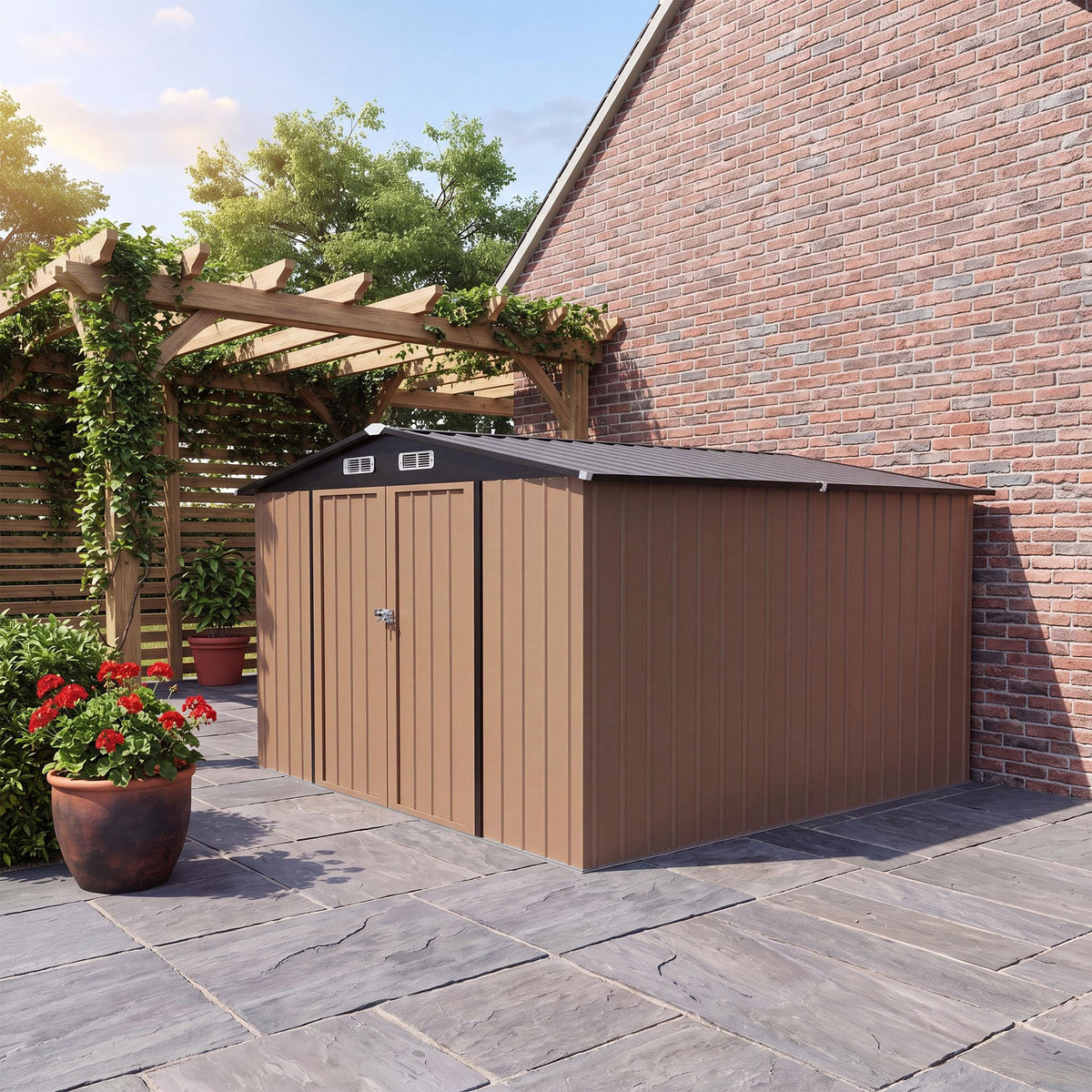 LAUSAINT HOME 8 x 6 FT Outdoor Storage Shed with Window, Galvanized Steel Storage Shed, Double Lockable Doors, Gable Roof &amp; Air Vent for Backyard, Brown