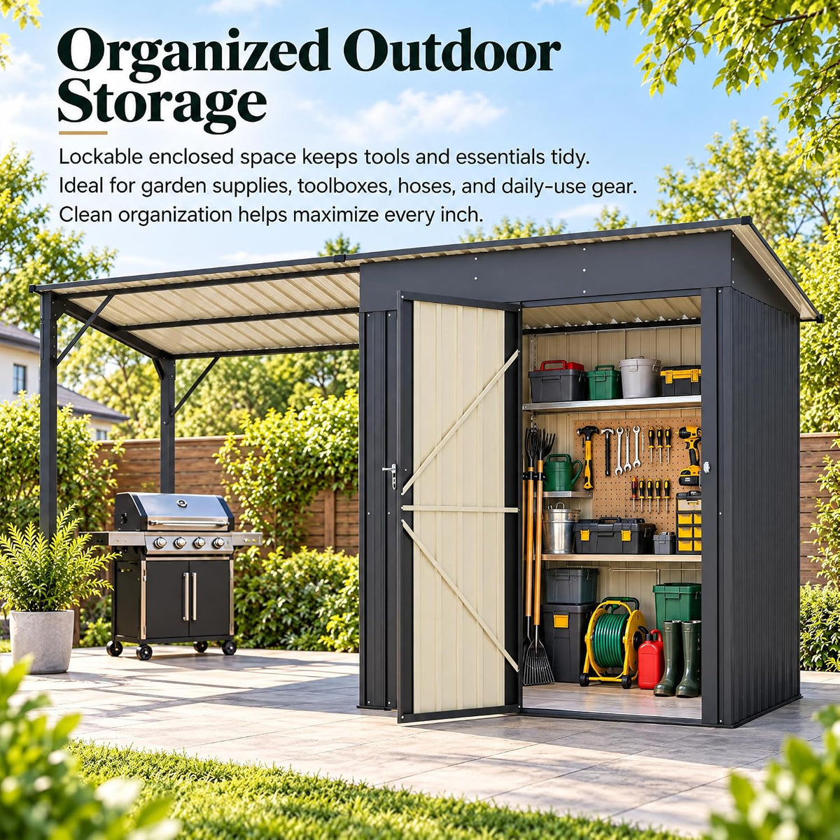 LAUSAINT HOME 10 x 3 FT 2-in-1 Metal Outdoor Storage Shed with Hardtop Gazebo, Lockable Galvanized Steel Lean-to Tool Shed with Sloped Roof, Black