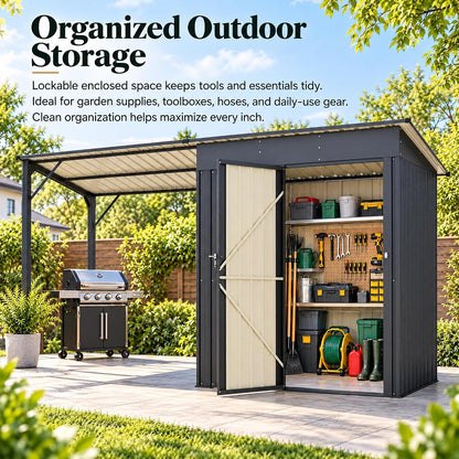 LAUSAINT HOME 10 x 3 FT 2-in-1 Metal Outdoor Storage Shed with Hardtop Gazebo, Lockable Galvanized Steel Lean-to Tool Shed with Sloped Roof, Black