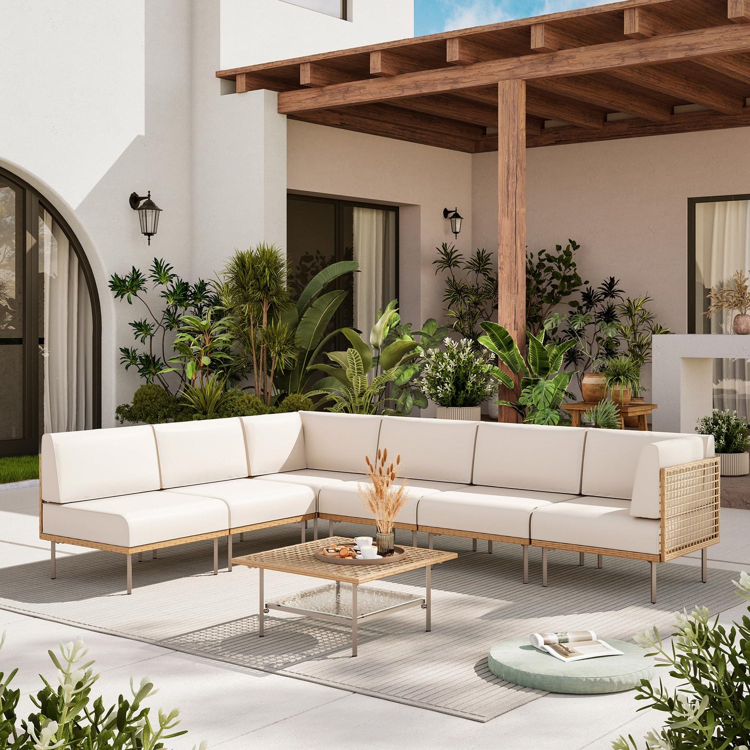 LAUSAINT HOME 7-Piece Outdoor Patio Furniture Set, Wicker Outdoor Conversation Set PE Rattan Sectional Sofa with Washable Cushions and Tempered Glass Table for Garden (Grey)