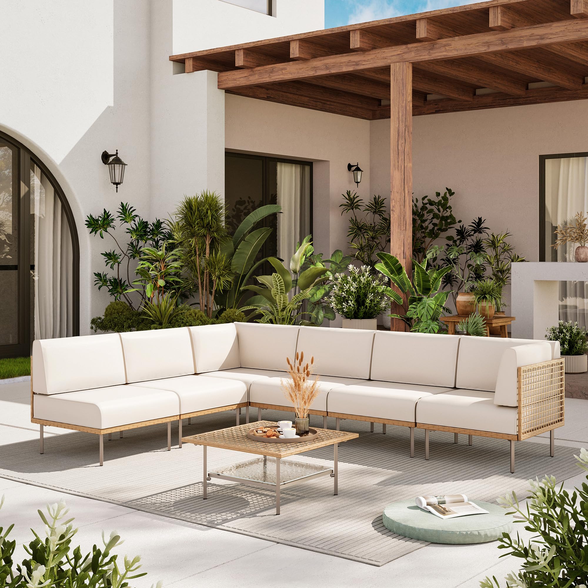 LAUSAINT HOME 7-Piece Outdoor Patio Furniture Set, Wicker Outdoor Conversation Set PE Rattan Sectional Sofa with Washable Cushions and Tempered Glass Table for Garden (Grey)