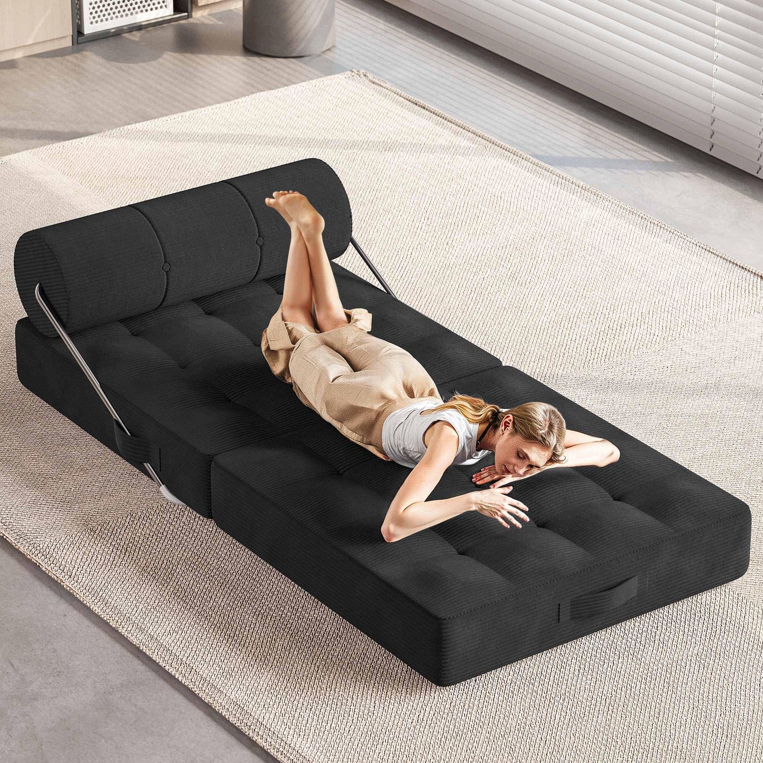 LAUSAINT HOME Folding Sofa Bed, 4 in 1 Convertible Sleeper Chair with High-Density Foam &amp; Pillow, Portable Comfy Folding Chair Bed Floor Lounge for Living Room and Bedroom, Black