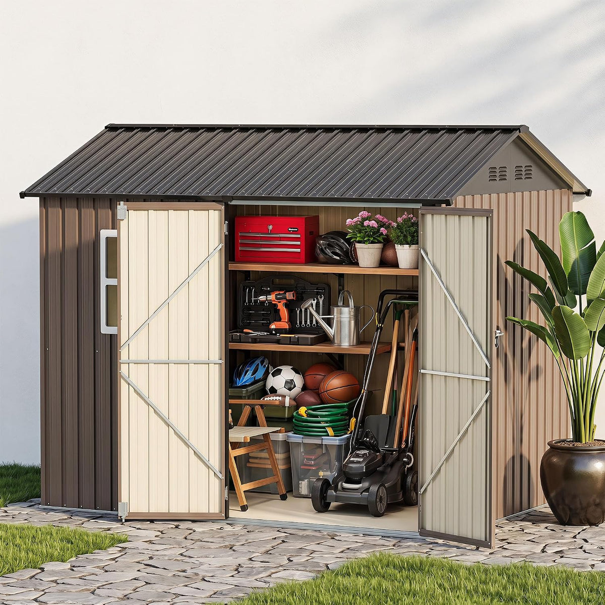 LAUSAINT HOME 8 x 6 FT Outdoor Storage Shed with Window, Galvanized Steel Storage Shed, Double Lockable Doors, Gable Roof &amp; Air Vent for Backyard, Brown