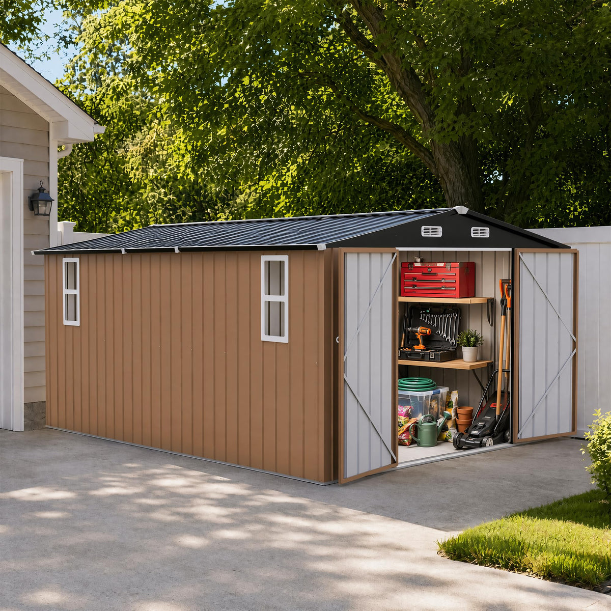 LAUSAINT HOME 8 x 6 FT Outdoor Storage Shed with Window, Galvanized Steel Storage Shed, Double Lockable Doors, Gable Roof &amp; Air Vent for Backyard, Brown