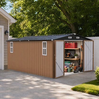 LAUSAINT HOME 8 x 6 FT Outdoor Storage Shed with Window, Galvanized Steel Storage Shed, Double Lockable Doors, Gable Roof &amp; Air Vent for Backyard, Brown