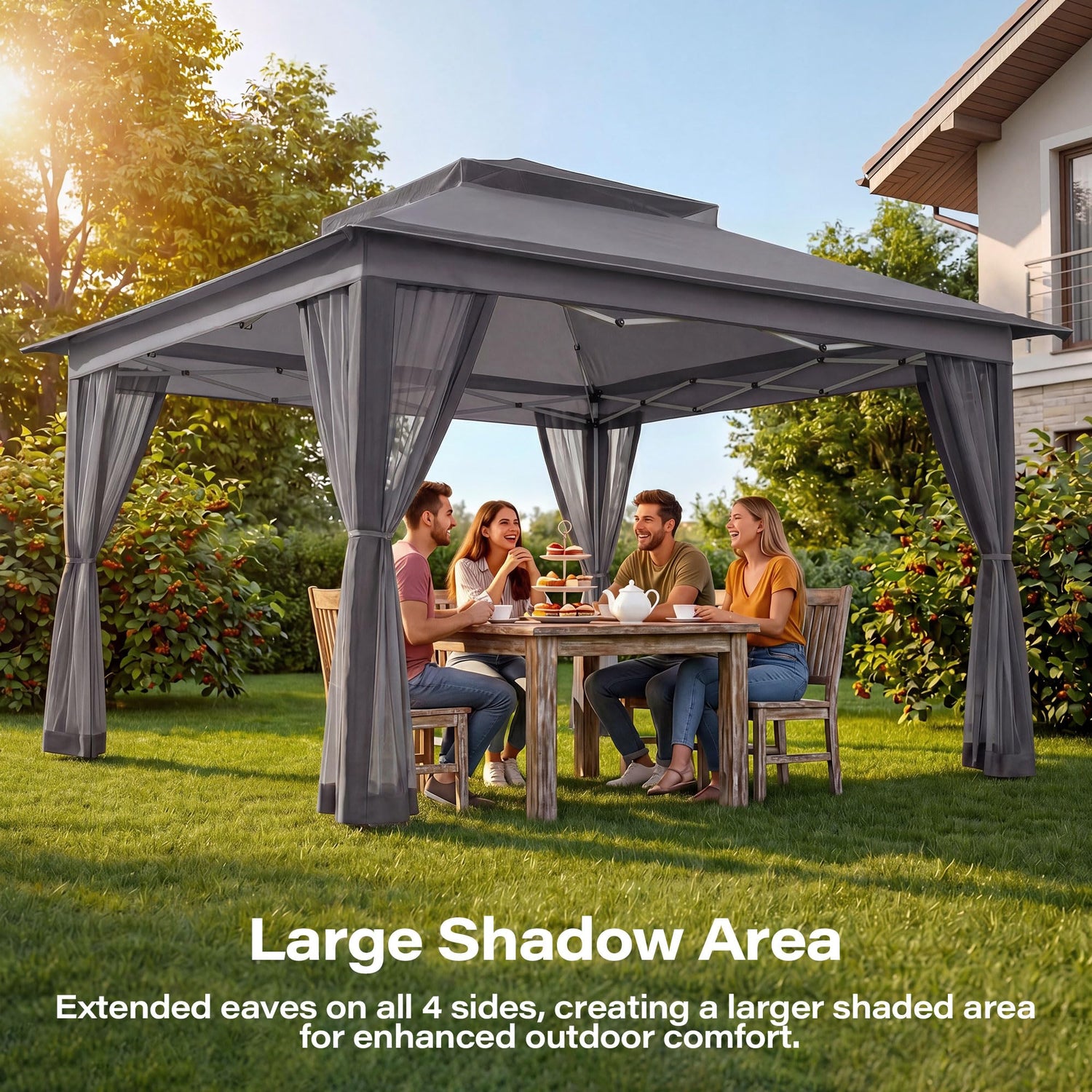 LAUSAINT HOME 11x11 Pop Up Gazebo with Mosquito Netting, Portable Outdoor Gazebo Canopy Tent with Sidewalls, One Push Instant Setup &amp; Adjustable Height for Patio Backyard Party BBQ Deck, Grey
