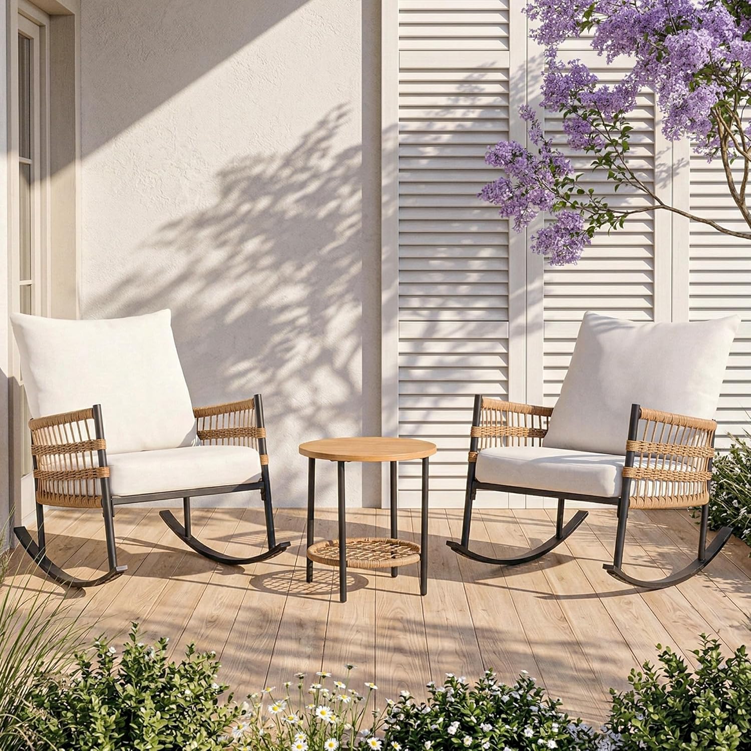 LAUSAINT HOME 3-Piece Patio Rocking Chairs Set, Outdoor PE Wicker Patio Furniture with Thick Cushions