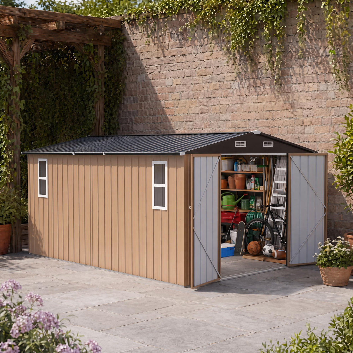 LAUSAINT HOME 8 x 6 FT Outdoor Storage Shed with Window, Galvanized Steel Storage Shed, Double Lockable Doors, Gable Roof &amp; Air Vent for Backyard, Brown