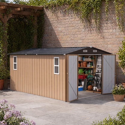 LAUSAINT HOME 8 x 6 FT Outdoor Storage Shed with Window, Galvanized Steel Storage Shed, Double Lockable Doors, Gable Roof &amp; Air Vent for Backyard, Brown