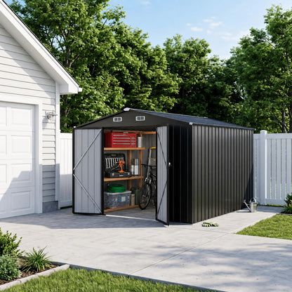 LAUSAINT HOME 10 x 3 FT 2-in-1 Metal Outdoor Storage Shed with Hardtop Gazebo, Lockable Galvanized Steel Lean-to Tool Shed with Sloped Roof, Black