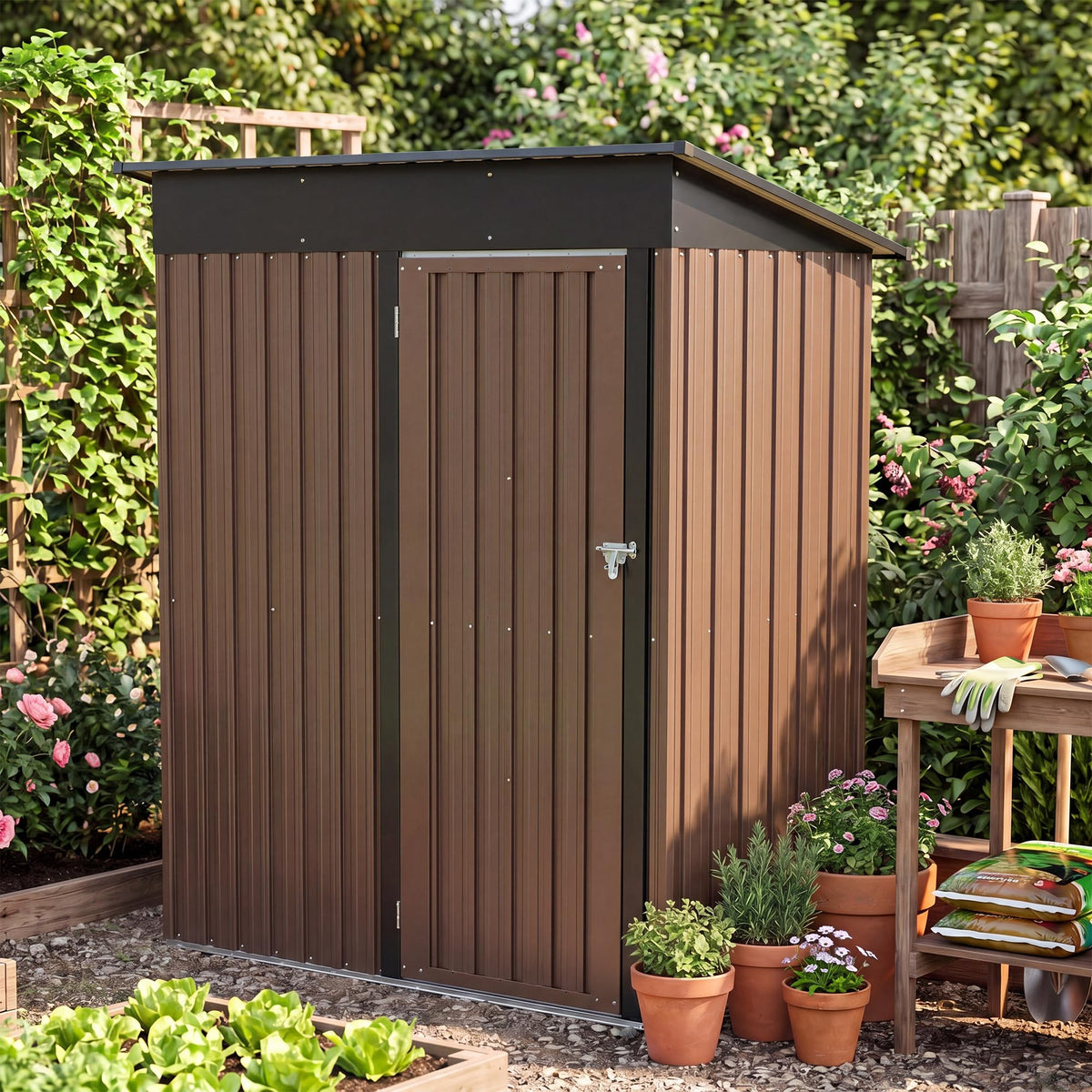 LAUSAINT HOME 8 x 6 FT Outdoor Storage Shed with Window, Galvanized Steel Storage Shed, Double Lockable Doors, Gable Roof &amp; Air Vent for Backyard, Brown