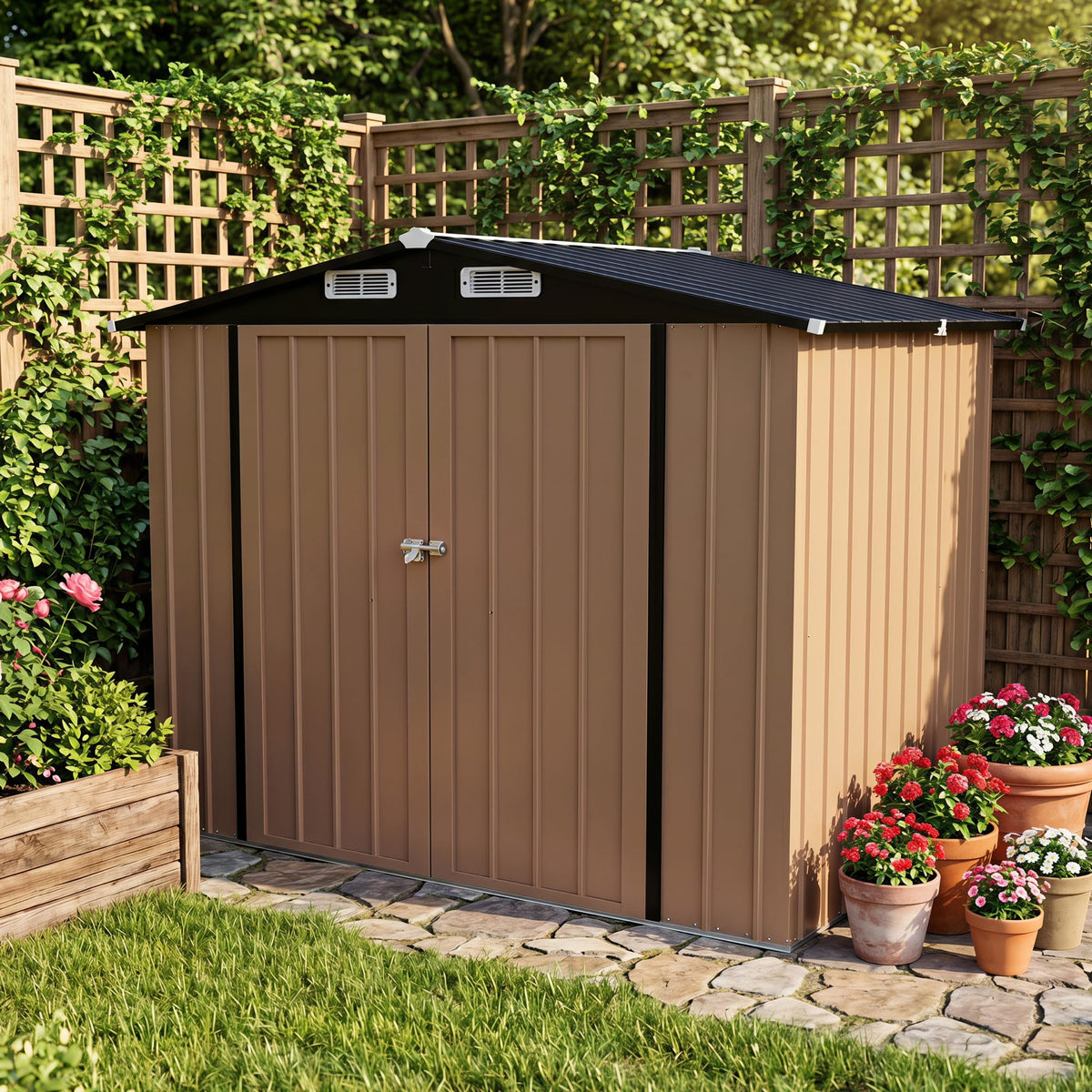 LAUSAINT HOME 8 x 6 FT Outdoor Storage Shed with Window, Galvanized Steel Storage Shed, Double Lockable Doors, Gable Roof &amp; Air Vent for Backyard, Brown