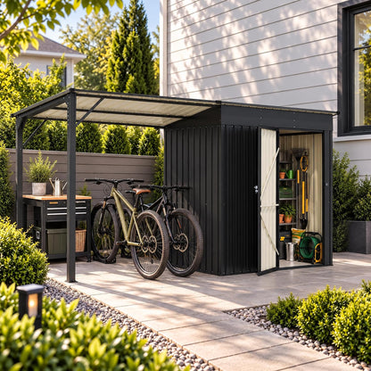 LAUSAINT HOME 10 x 3 FT 2-in-1 Metal Outdoor Storage Shed with Hardtop Gazebo, Lockable Galvanized Steel Lean-to Tool Shed with Sloped Roof, Black
