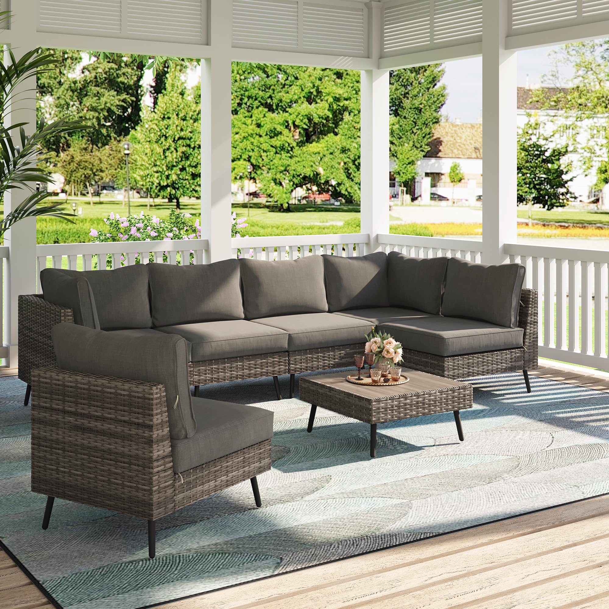 LAUSAINT HOME Outdoor Patio Furniture, 6 Piece Outdoor Sectional Sofa PE Rattan Wicker Patio Conversation Sets, All Weather Patio Furniture Set with Thick Cushions for Garden, Backyard(Beige)