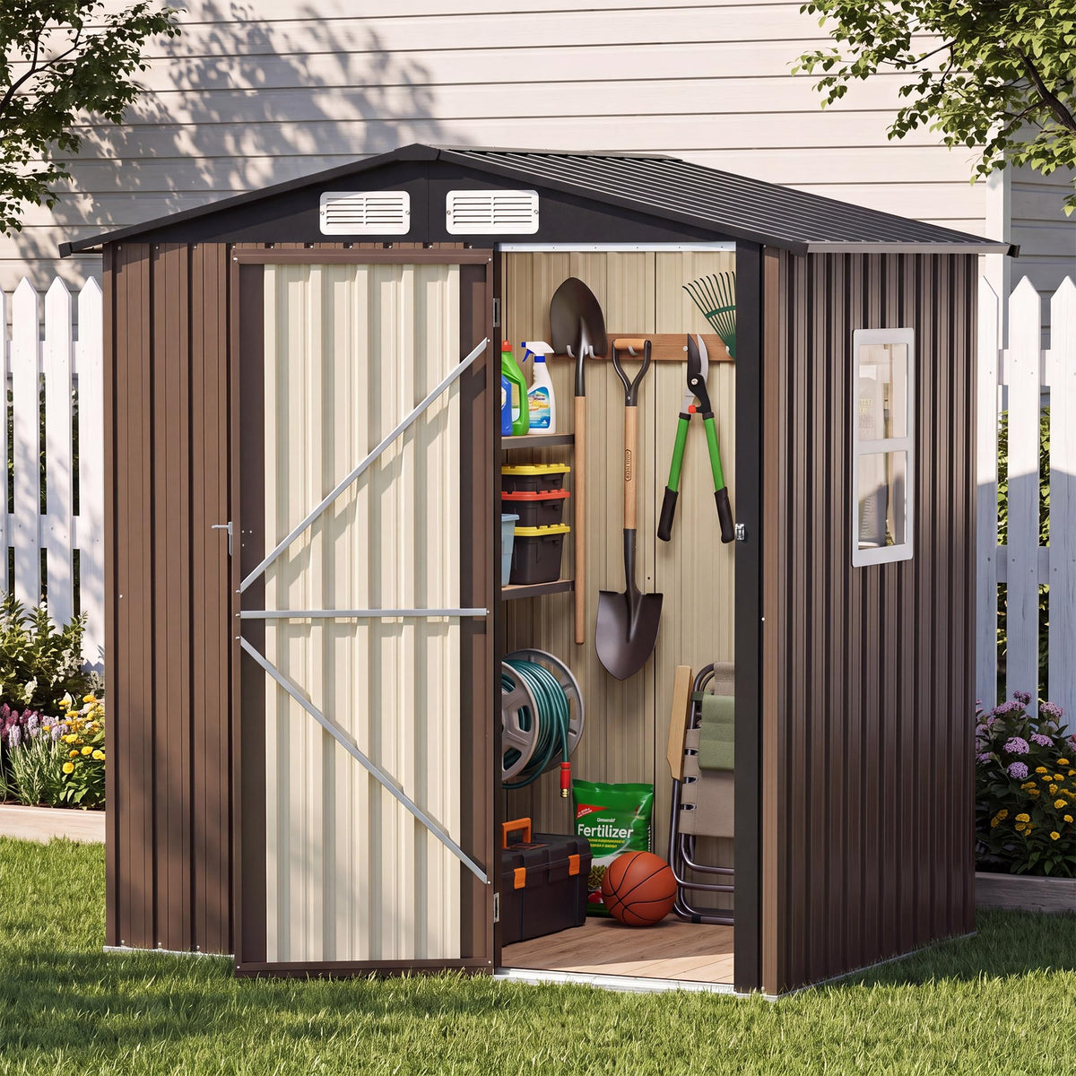 LAUSAINT HOME 8 x 6 FT Outdoor Storage Shed with Window, Galvanized Steel Storage Shed, Double Lockable Doors, Gable Roof &amp; Air Vent for Backyard, Brown