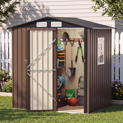 LAUSAINT HOME 8 x 6 FT Outdoor Storage Shed with Window, Galvanized Steel Storage Shed, Double Lockable Doors, Gable Roof &amp; Air Vent for Backyard, Brown
