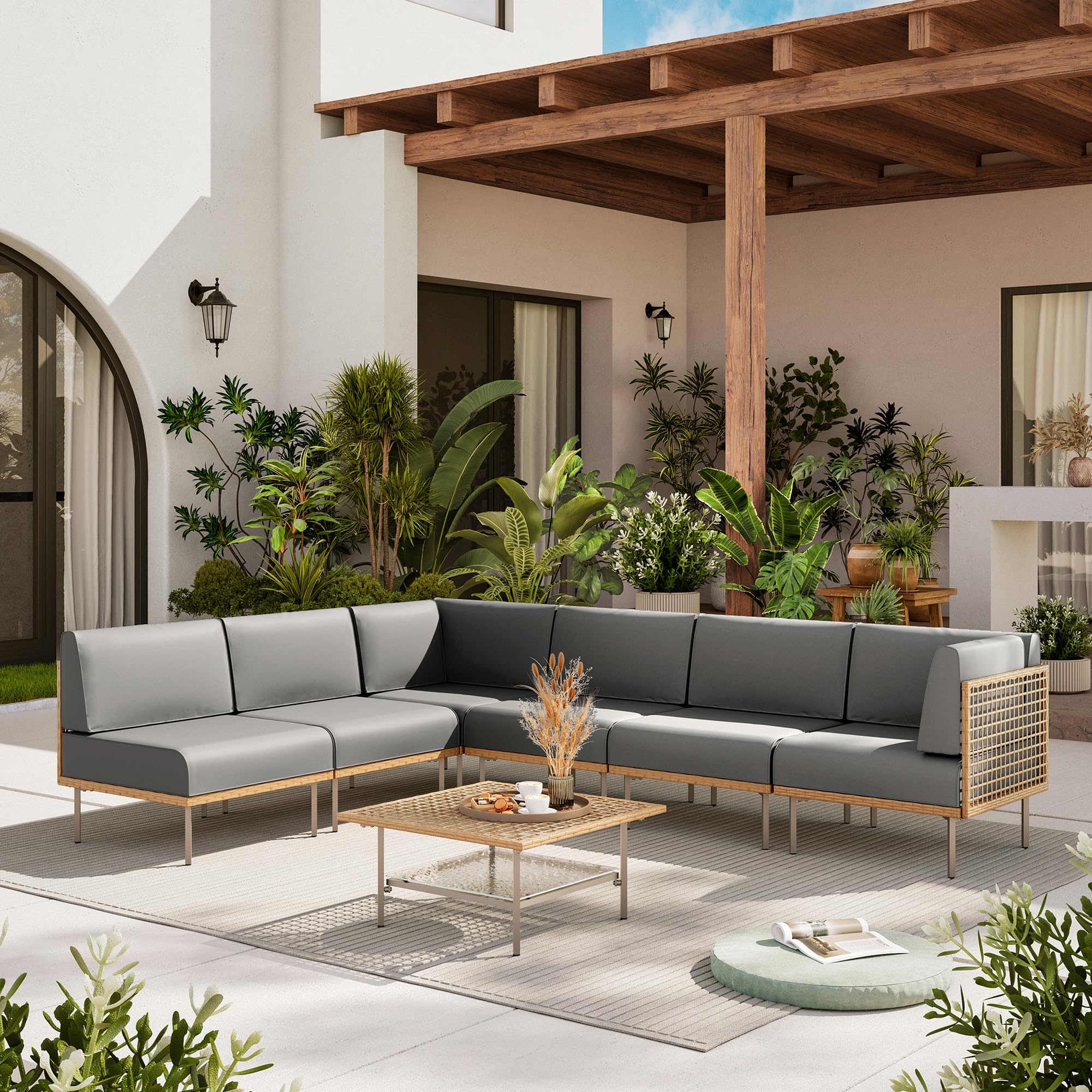 LAUSAINT HOME 7-Piece Outdoor Patio Furniture Set, Wicker Outdoor Conversation Set PE Rattan Sectional Sofa with Washable Cushions and Tempered Glass Table for Garden (Grey)