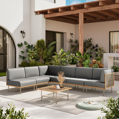 LAUSAINT HOME 7-Piece Outdoor Patio Furniture Set, Wicker Outdoor Conversation Set PE Rattan Sectional Sofa with Washable Cushions and Tempered Glass Table for Garden (Grey)