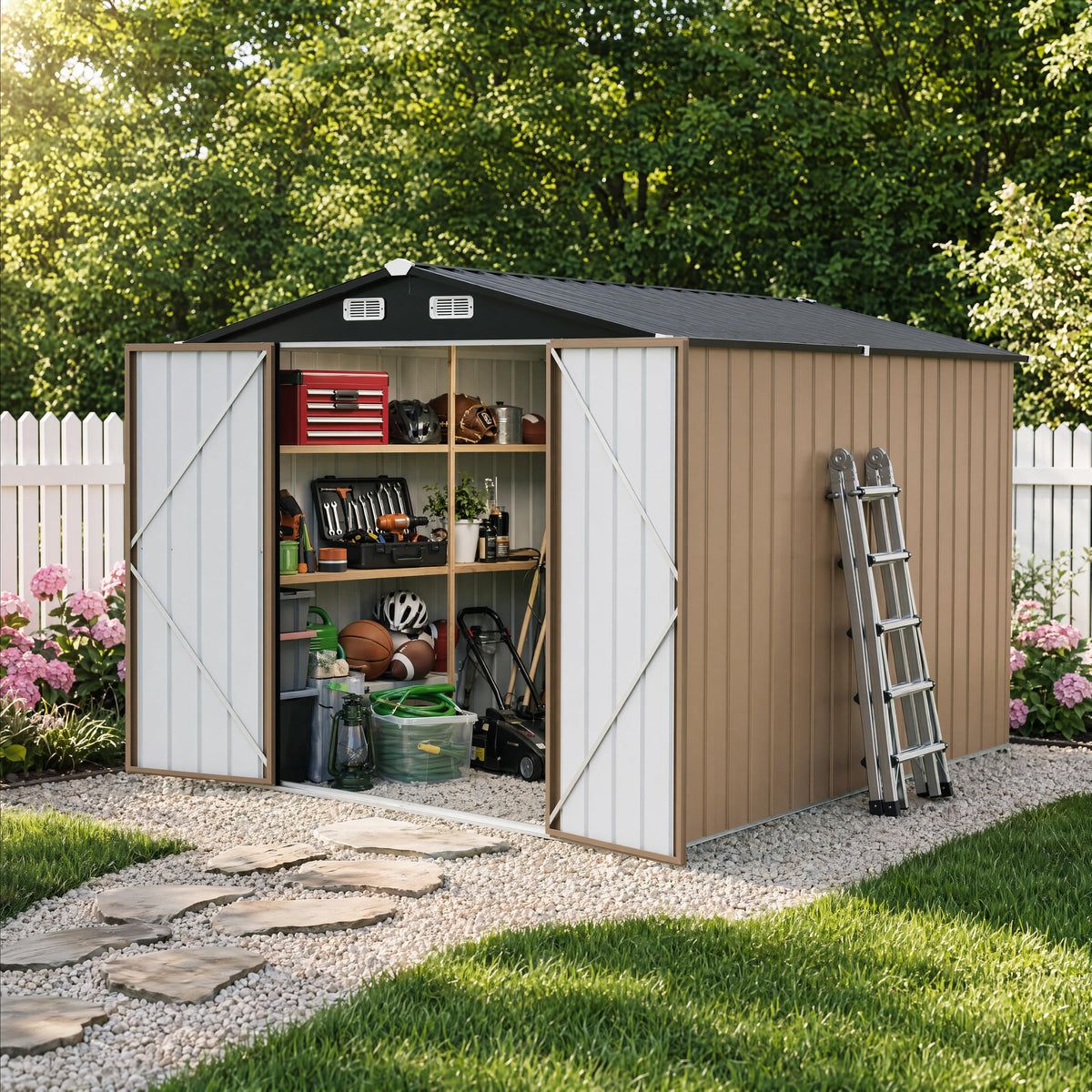 LAUSAINT HOME 10 x 3 FT 2-in-1 Metal Outdoor Storage Shed with Hardtop Gazebo, Lockable Galvanized Steel Lean-to Tool Shed with Sloped Roof, Black