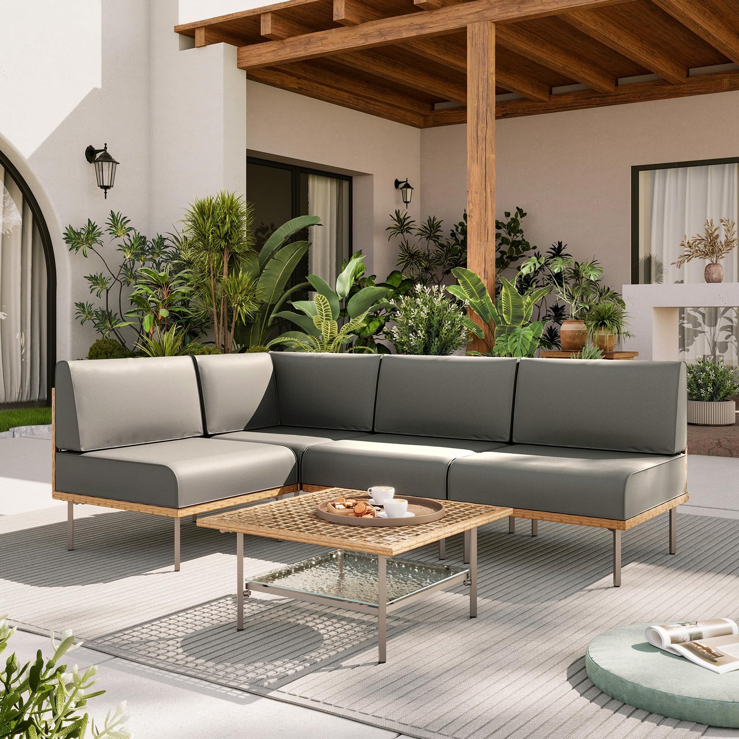 LAUSAINT HOME 7-Piece Outdoor Patio Furniture Set, Wicker Outdoor Conversation Set PE Rattan Sectional Sofa with Washable Cushions and Tempered Glass Table for Garden (Grey)