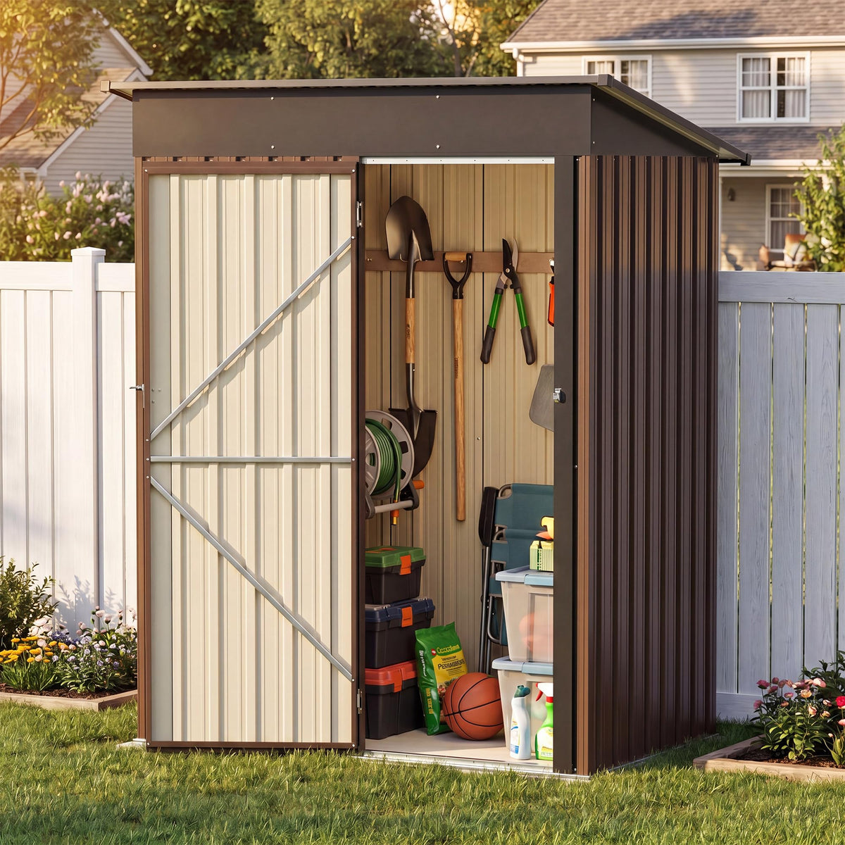 LAUSAINT HOME 8 x 6 FT Outdoor Storage Shed with Window, Galvanized Steel Storage Shed, Double Lockable Doors, Gable Roof &amp; Air Vent for Backyard, Brown