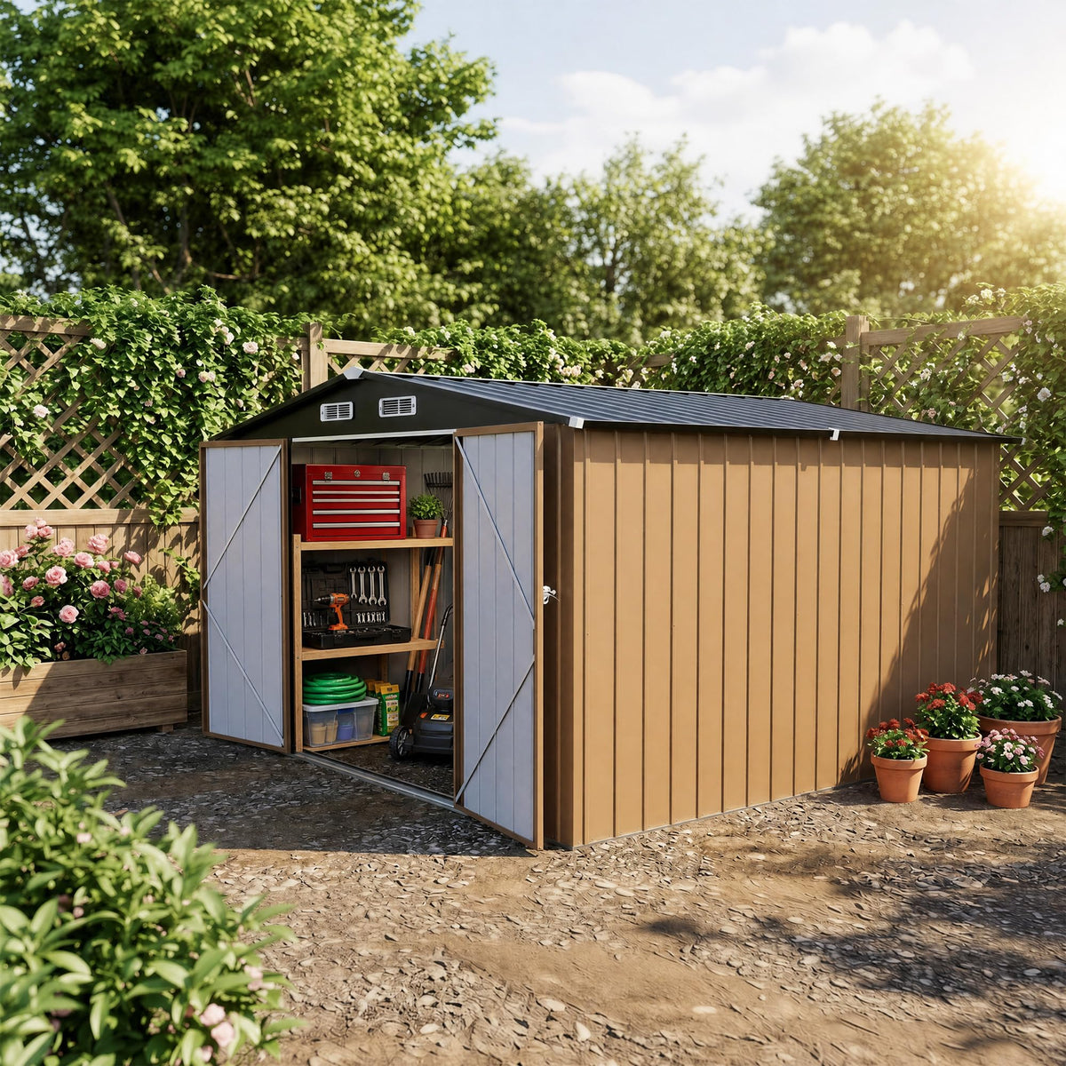 LAUSAINT HOME 8 x 6 FT Outdoor Storage Shed with Window, Galvanized Steel Storage Shed, Double Lockable Doors, Gable Roof &amp; Air Vent for Backyard, Brown