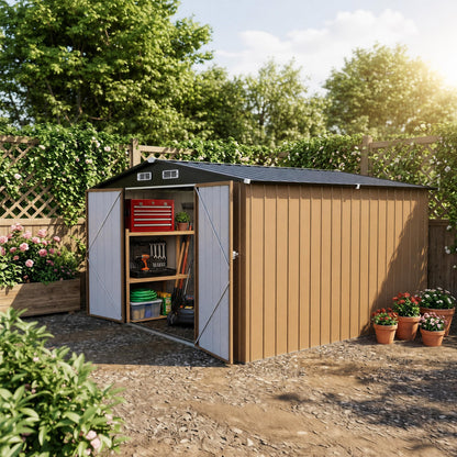 LAUSAINT HOME 8 x 6 FT Outdoor Storage Shed with Window, Galvanized Steel Storage Shed, Double Lockable Doors, Gable Roof &amp; Air Vent for Backyard, Brown