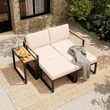 LAUSAINT HOME 5 Pieces Outdoor Conversation Set with Thick Cushions 2 Ottomans&amp;Side Table