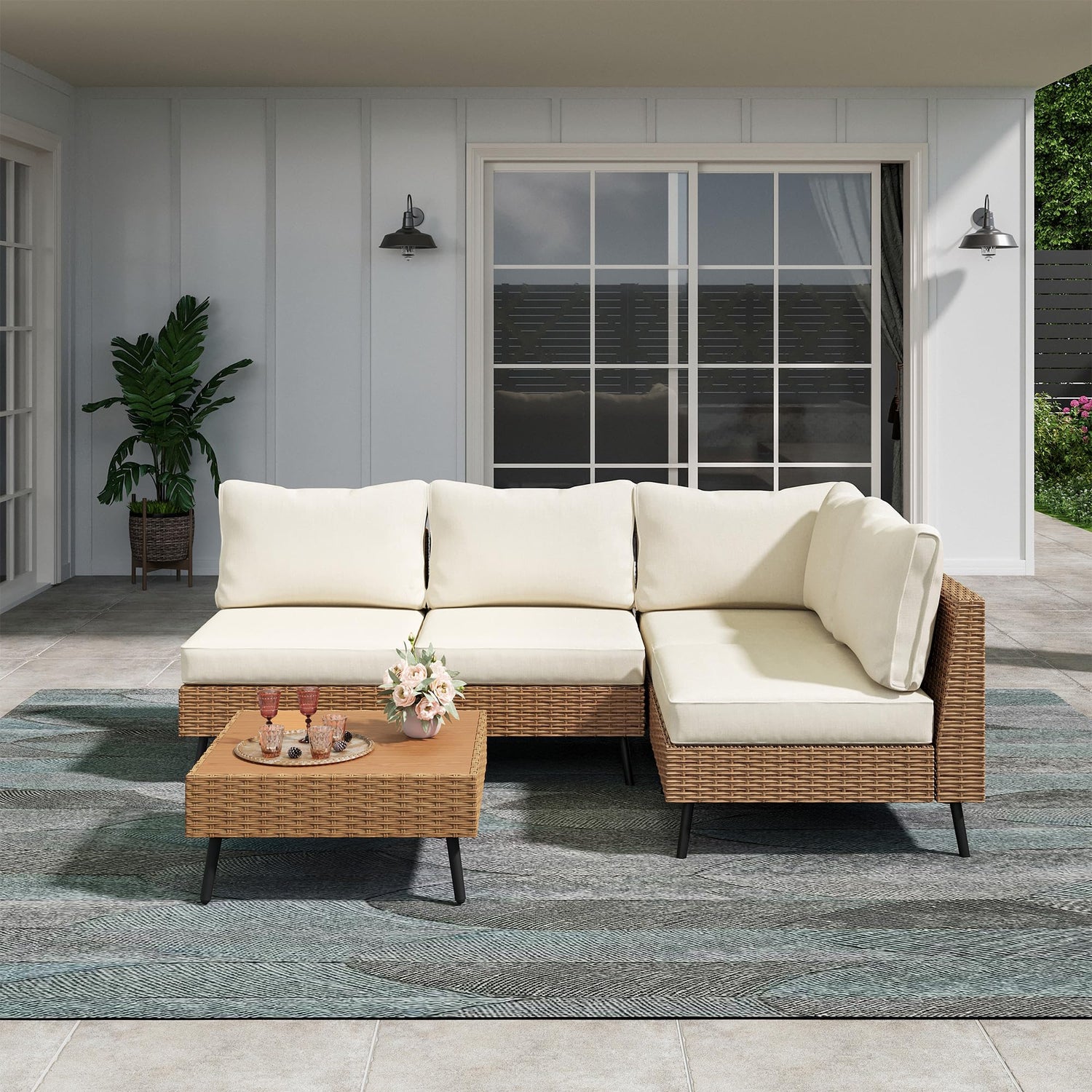 LAUSAINT HOME Outdoor Patio Furniture, 6 Piece Outdoor Sectional Sofa PE Rattan Wicker Patio Conversation Sets, All Weather Patio Furniture Set with Thick Cushions for Garden, Backyard(Beige)