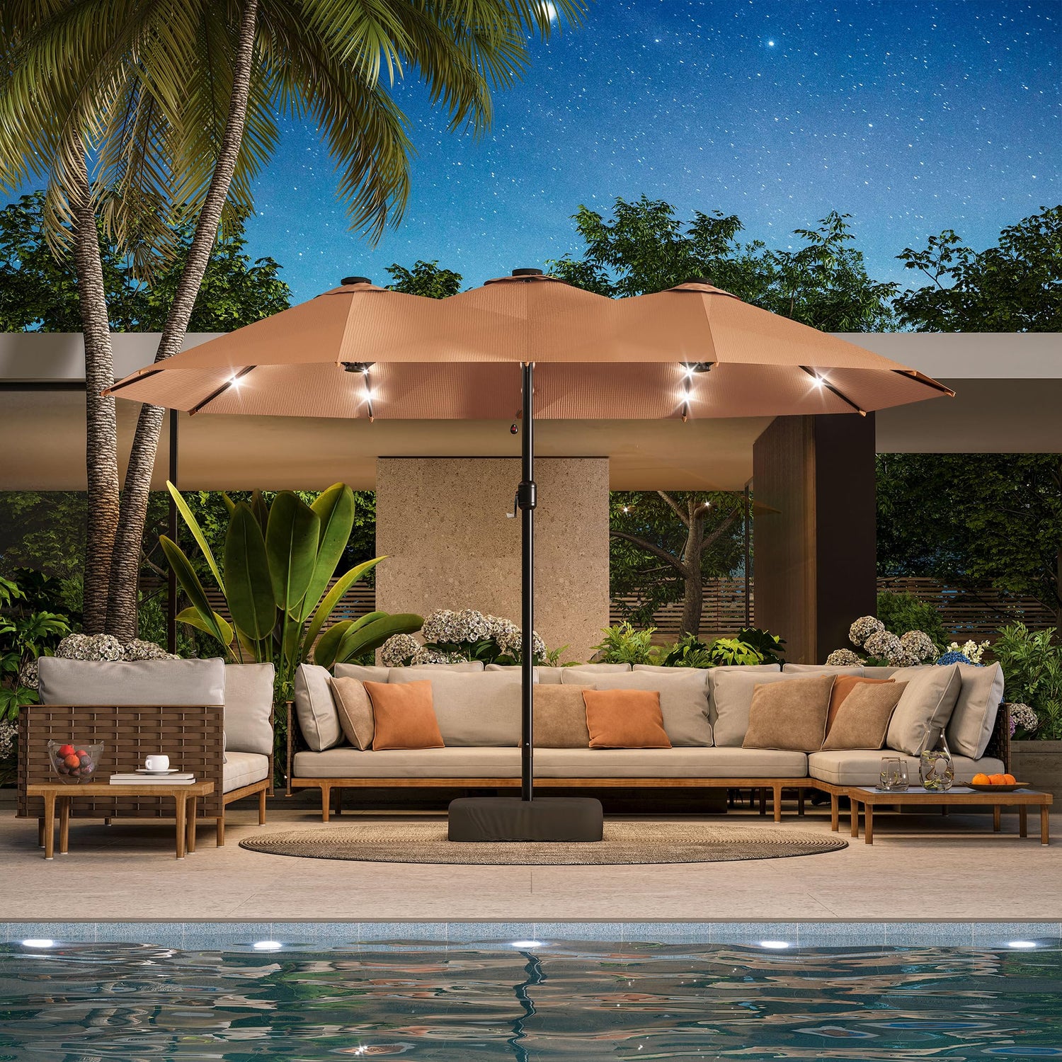 brown rectangle patio umbrella LAUSAINT HOME Large Double-Sided Rectangle Patio Umbrella with LED Light and Base, 13FT/15FT