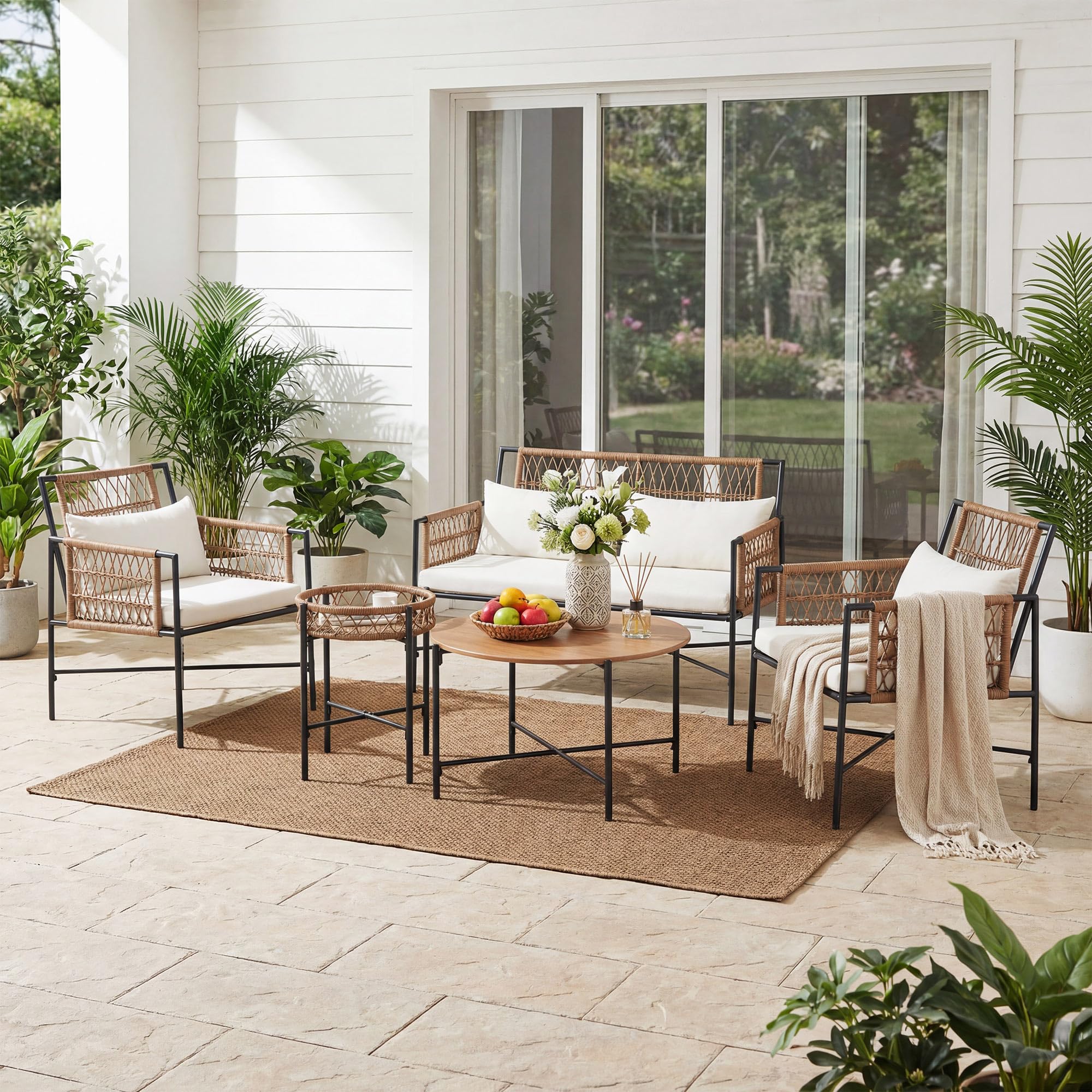 LAUSAINT HOME 5 Piece Patio Furniture Set, Outdoor Wicker Conversation Set with 2 PE Rattan Armchairs