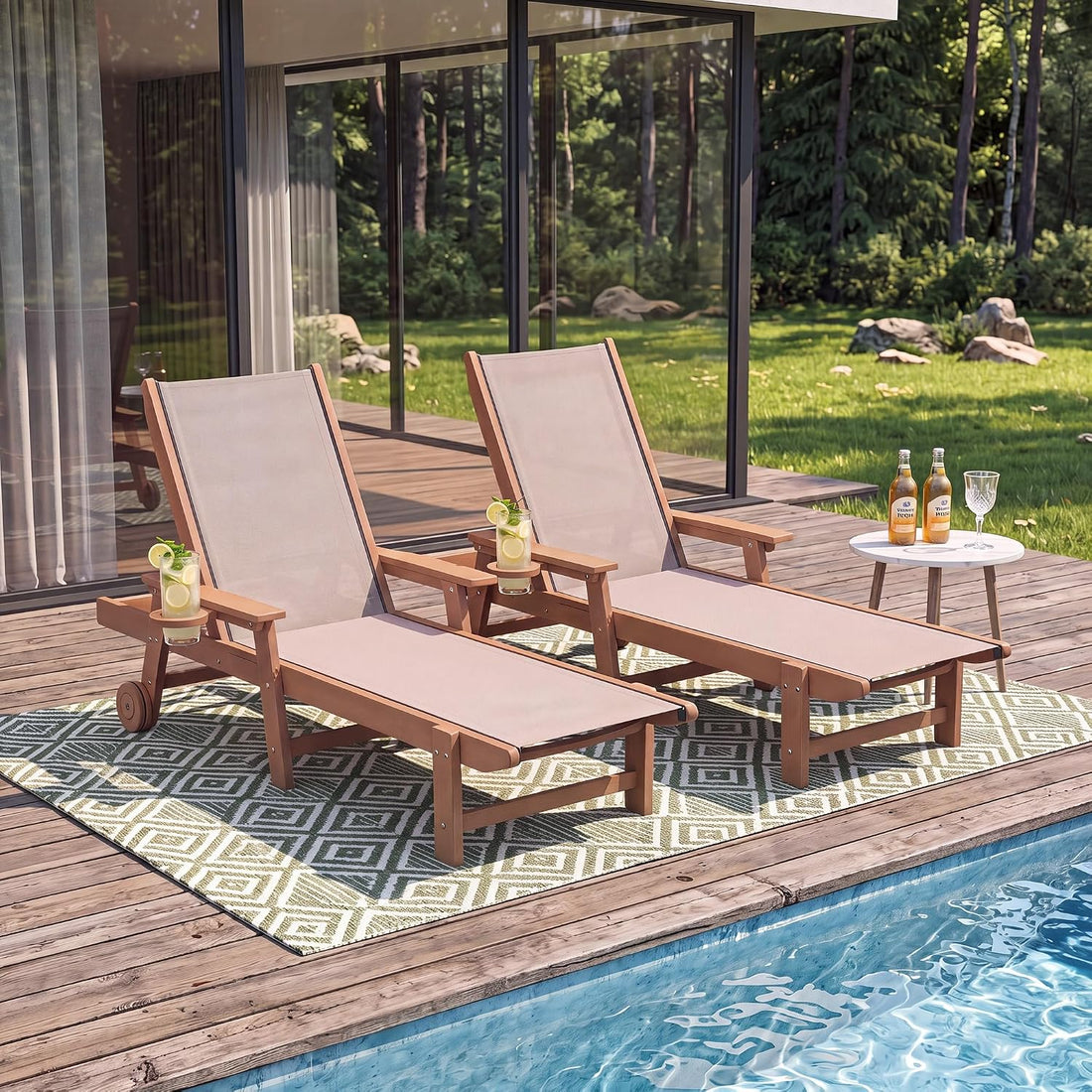 LAUSAINT HOME Outdoor Chaise Lounge Chair, 5-Position Adjustable Patio Lounge Chair, Folding HDPE Chaise Lounge with Breathable Textilene Fabric, Cup Holder & Wheels for Poolside, Backyard & Deck 2pcs